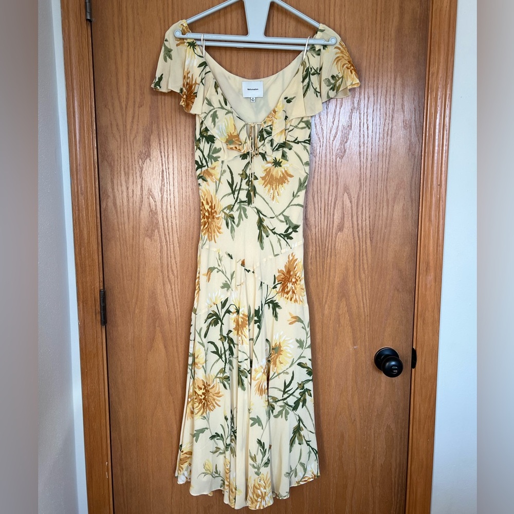 Reformation Cream Floral Midi Dress with Yellow & Green Print
